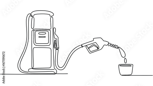 Continuous line drawing of fuel pump with nozzle pouring gasoline
