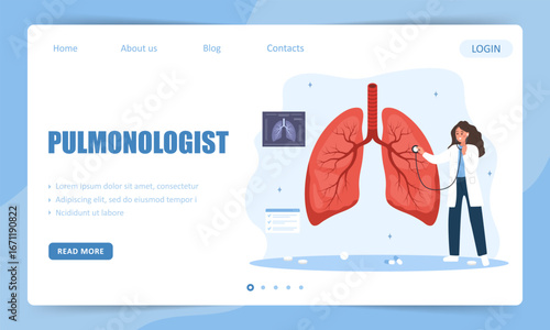 Pulmonologist concept. Landing page template. Female Doctor listening to big realistic lungs with stethoscope. Vector illustration in flat cartoon style.
