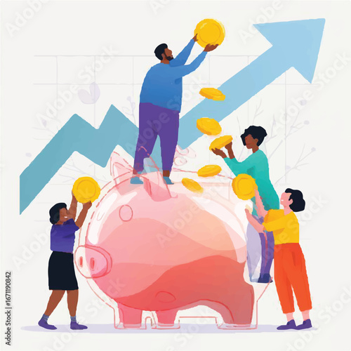 Saving money concept with people putting gold coins in piggy bank. Ideal for finance, investment, growth, saving, and wealth themes.
