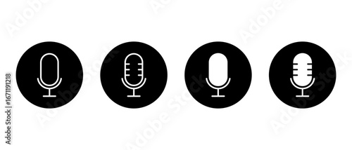 Vintage microphone icon set. Podcast mic and audio recording symbol in black circle