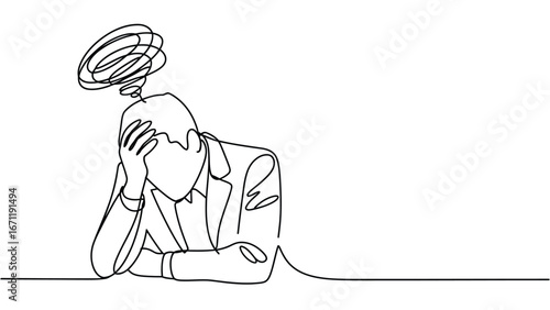Continuous line drawing of stressed man with hand on head
