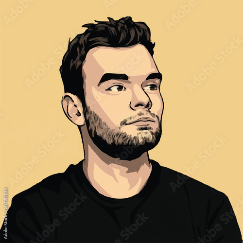 Bearded man with a confident expression. Suitable for barber shop promotions, mens grooming products, and lifestyle blogs targeting bearded individuals.