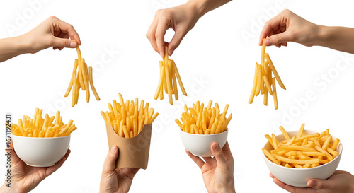 Multiple hands holding french fries in various containers isolated on transparent background