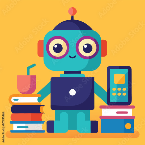Cute robot sitting with books, holding a phone and a drink, a colorful illustration