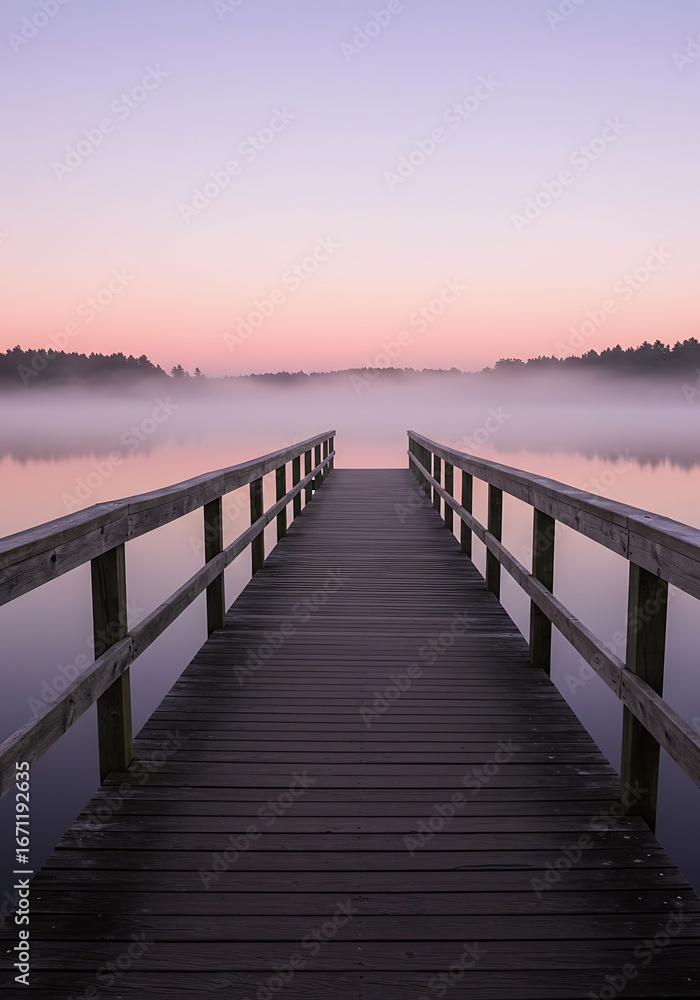 Obraz premium A wooden pier extends into a tranquil lake at sunrise, shrouded in a light mist.