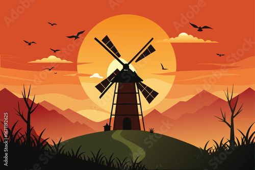 windmill in sunset