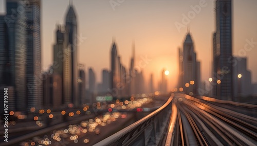 Blurry cityscape at sunset, metro tracks foreground