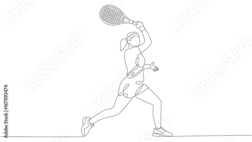 Line art of female tennis player hitting ball with racket
