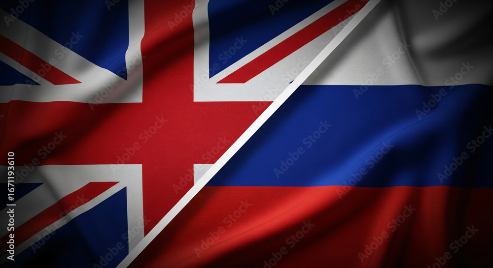 Fototapeta premium UK And Russia Fabric Flags Split Screen Diagonally With High Detail Texture And Folds Covering Full Canvas Divided Dramatic Vignette Lighting JPG