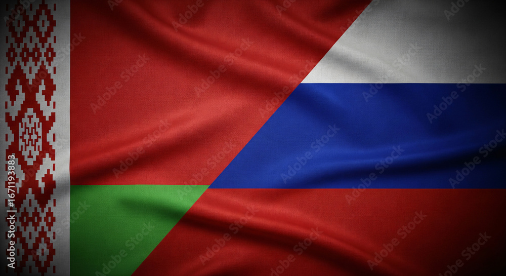 Fototapeta premium Belarus And Russia Fabric Flags Split Screen Diagonally Divided With High Detail Texture And Folds Covering Full Canvas Dramatic Vignette Lighting JPG