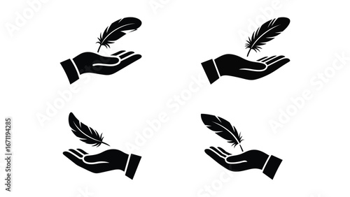 Black and white icon set of hand holding feather symbol
