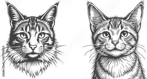 hand draw cat head illustrations – detailed feline portrait vector set