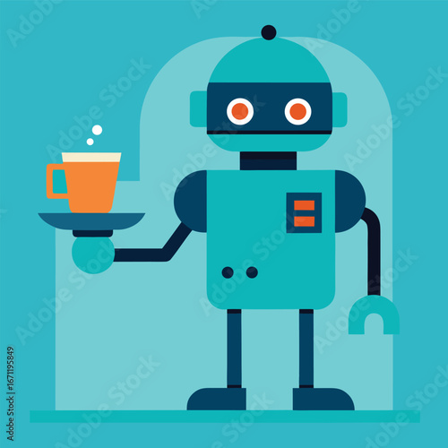A friendly robot waiter is serving a cup of coffee on a tray, a modern and cute illustration