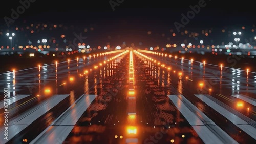 Runway Night Lights: The city lights glow, illuminating the vast concrete runway as a symbol of travel and journey. It captures a stunning display of light and form in the dark sky.