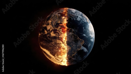 A divided Earth, half ablaze in fiery destruction