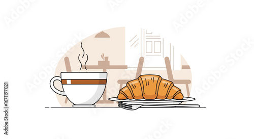 Serene morning: Coffee cup with steam and freshly baked croissant flat lay illustration