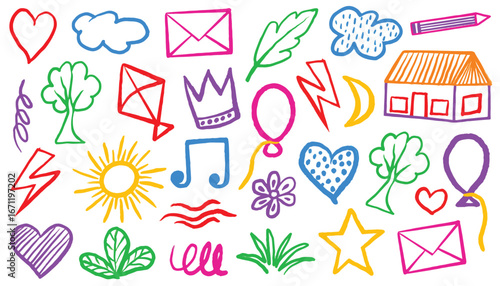 Crayon hand drawn icon background. Children school pencil sketch bg. Cute Summer flower, cloud, house, rainbow, heart, power, crown, massage, sun vector kid sketch illustration. Color pencil doodle