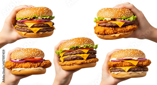 Collection of delicious burgers held in hands isolated on transparent background