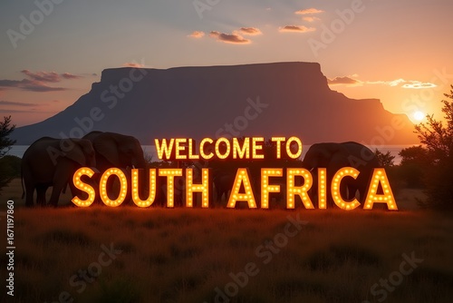 Welcome to South Africa – glowing safari sign with elephants near Table Mountain at sunset, ultra-realistic wide-angle 4K.
