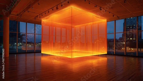 A luminous orange cube floats in a modern gallery space, bathed in soft light.  City lights visible through large windows