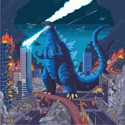 A retrostyle illustration of godzilla on a rampage destroying a city 27