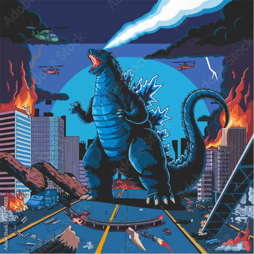 A retrostyle illustration of godzilla on a rampage destroying a city 28