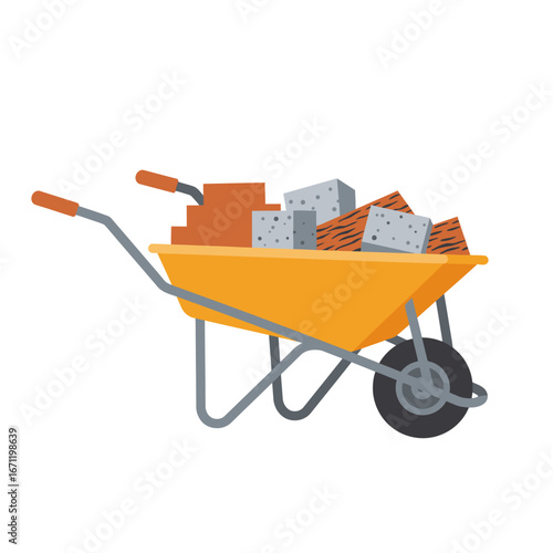 A vibrant yellow wheelbarrow, brimming with essential construction materials including red clay bricks and grey concrete blocks, stands ready for building projects.