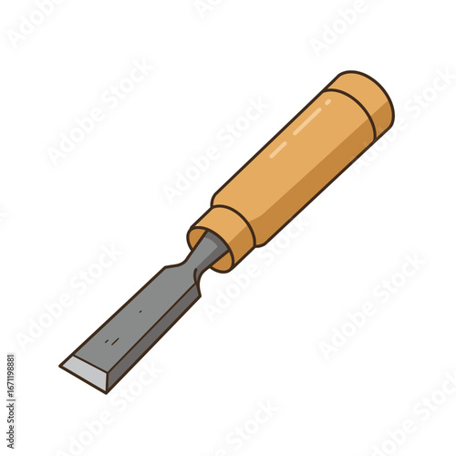 An isometric vector illustration of a classic wood chisel, featuring a sharp metal blade and a smooth, ergonomic wooden handle on a white background.
