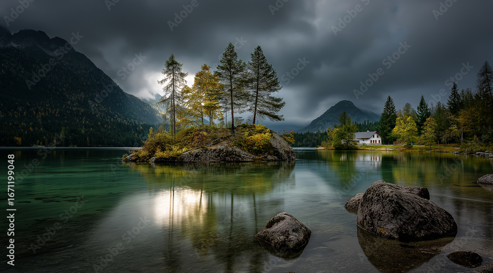 Naklejka premium A beautiful lake with a small island in the middle, trees atop the rocks.