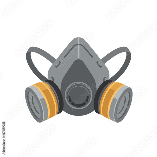 A grey industrial respirator mask, equipped with two yellow filter cartridges, provides vital personal protection for clean air and safety in dangerous environments.