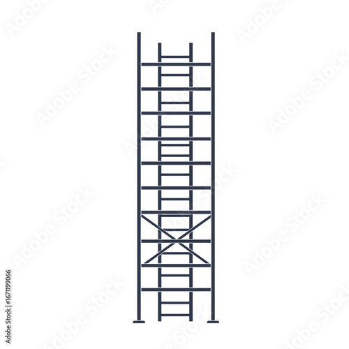 A professional vector illustration of a tall, modular metal scaffolding structure with integrated ladders, essential for construction and temporary access.