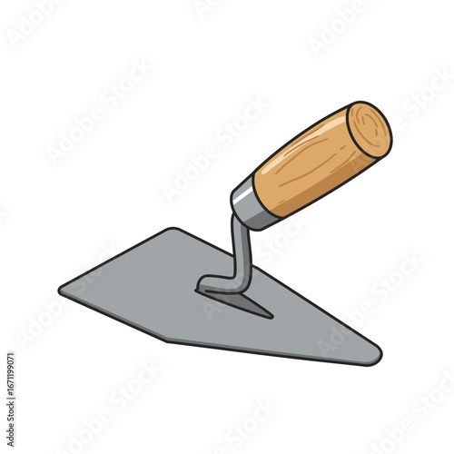 A crisp, isolated cartoon illustration of a versatile construction trowel featuring a wooden handle and flat metal blade, ideal for building projects.