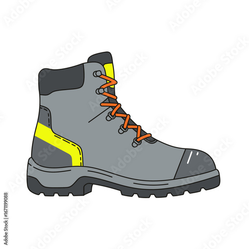 A sturdy grey safety boot with vibrant orange laces and yellow accents, designed for industrial work and personal protection, is depicted in a clean isolated illustration.