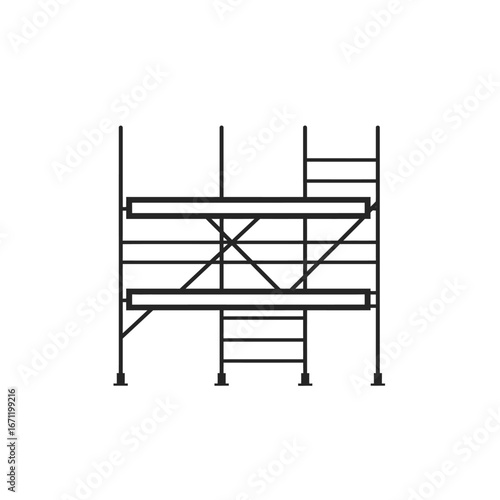 A clean, minimalist line art illustration depicting a temporary metal scaffolding structure used for construction and maintenance work on buildings.