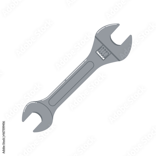A simple, grey adjustable wrench, a common hand tool used for various mechanical tasks, is depicted in a clean, isolated vector illustration on a white background.