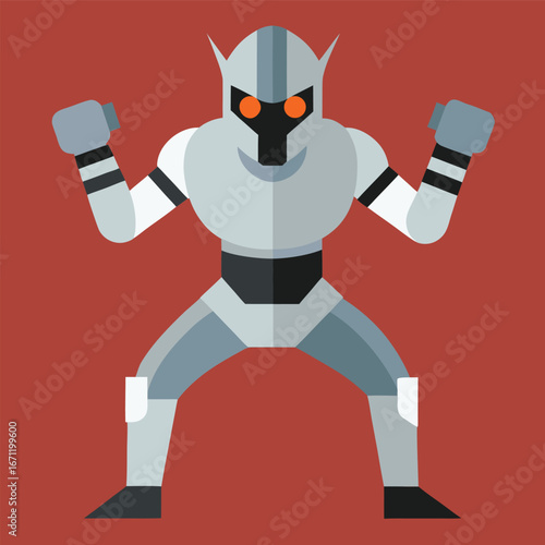 Illustration of a futuristic robot warrior in silver armor ready for battle on a red background