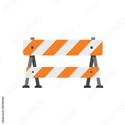 A vibrant orange and white striped construction barrier stands prominently, signaling caution and directing traffic in a clear, illustrative manner.