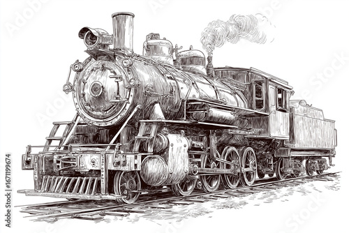 antique train locomotive illustration, retro hand-drawn engraving