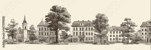 hand-drawn historic boulevard illustration, vintage city architecture