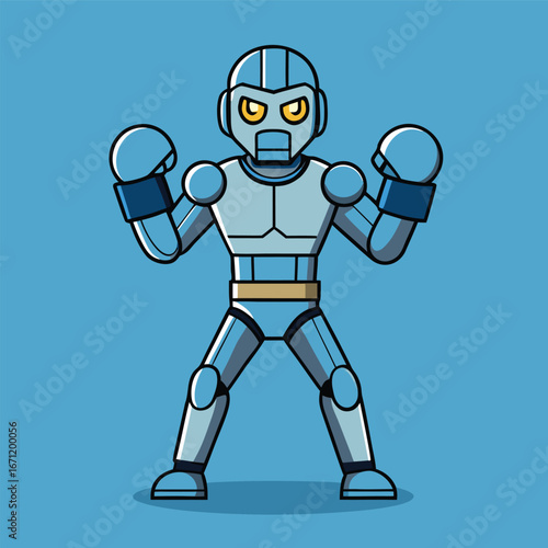 Illustration of a futuristic robot warrior in silver armor ready for battle on a blue background