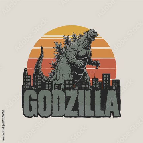 retro design godzilla rampage vector 5