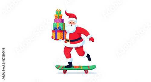 Santa Claus spreading holiday cheer on a skateboard with a stack of Christmas gifts illustration