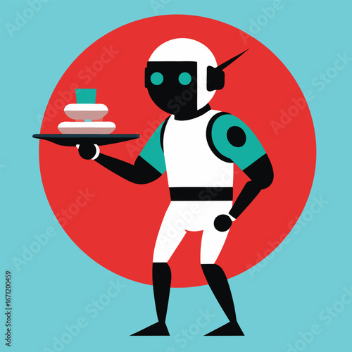A robot is carrying a tray full of sandwiches in a restaurant or cafe, modern illustration