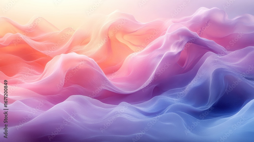 Fototapeta premium A vibrant, abstract depiction of flowing waves, featuring soft pastel colors blending harmoniously in a dreamy landscape.