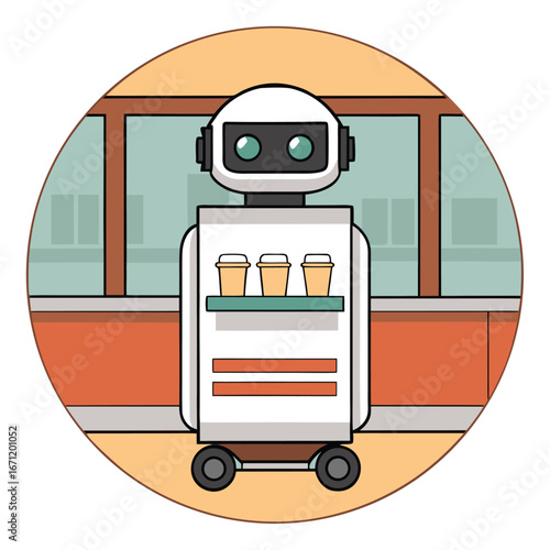 Illustration of a robot waiter delivering coffee in a cafe with a window background
