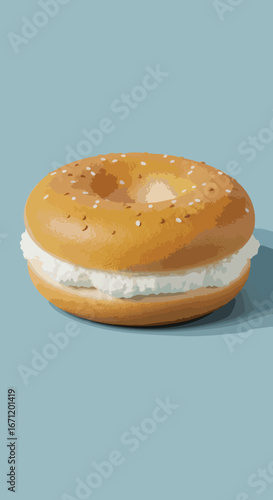 A delicious sesame seed bagel sliced and generously filled with smooth cream cheese, isolated on a plain blue background.