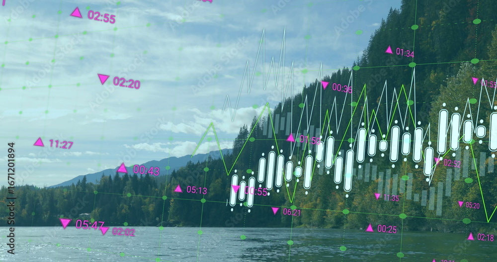 Naklejka premium Overlaying dashboard over mountain lake showing white candlestick bars and neon green line graph