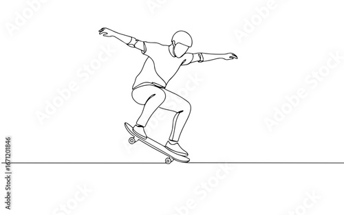 skateboarding, simple minimalist aesthetic one line art, isolated on white background