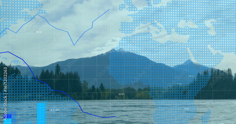 Fototapeta premium Mountain lake landscape presenting digital interface in valley, with grid overlay, map and charts