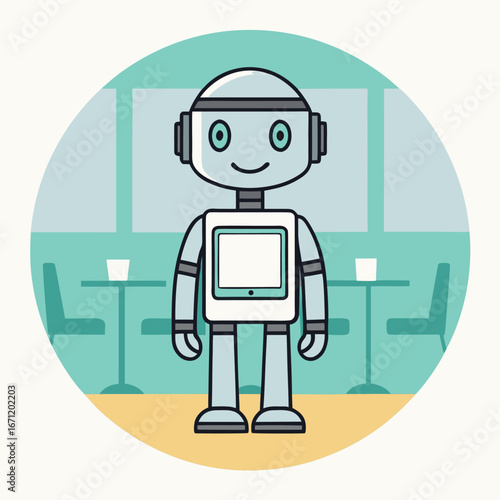 A cute robot character standing in a cafe, ready to interact with customers and provide assistance